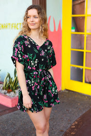Black & Floral Surplice Short Sleeve Pocketed Romper | Daverri Fashions
