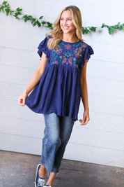 Navy Floral Embroidered Flutter Sleeve Top | Daverri Fashions