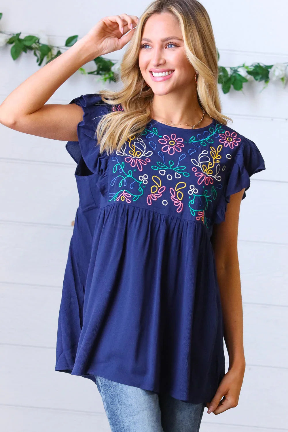 Navy Floral Embroidered Flutter Sleeve Top | Daverri Fashions