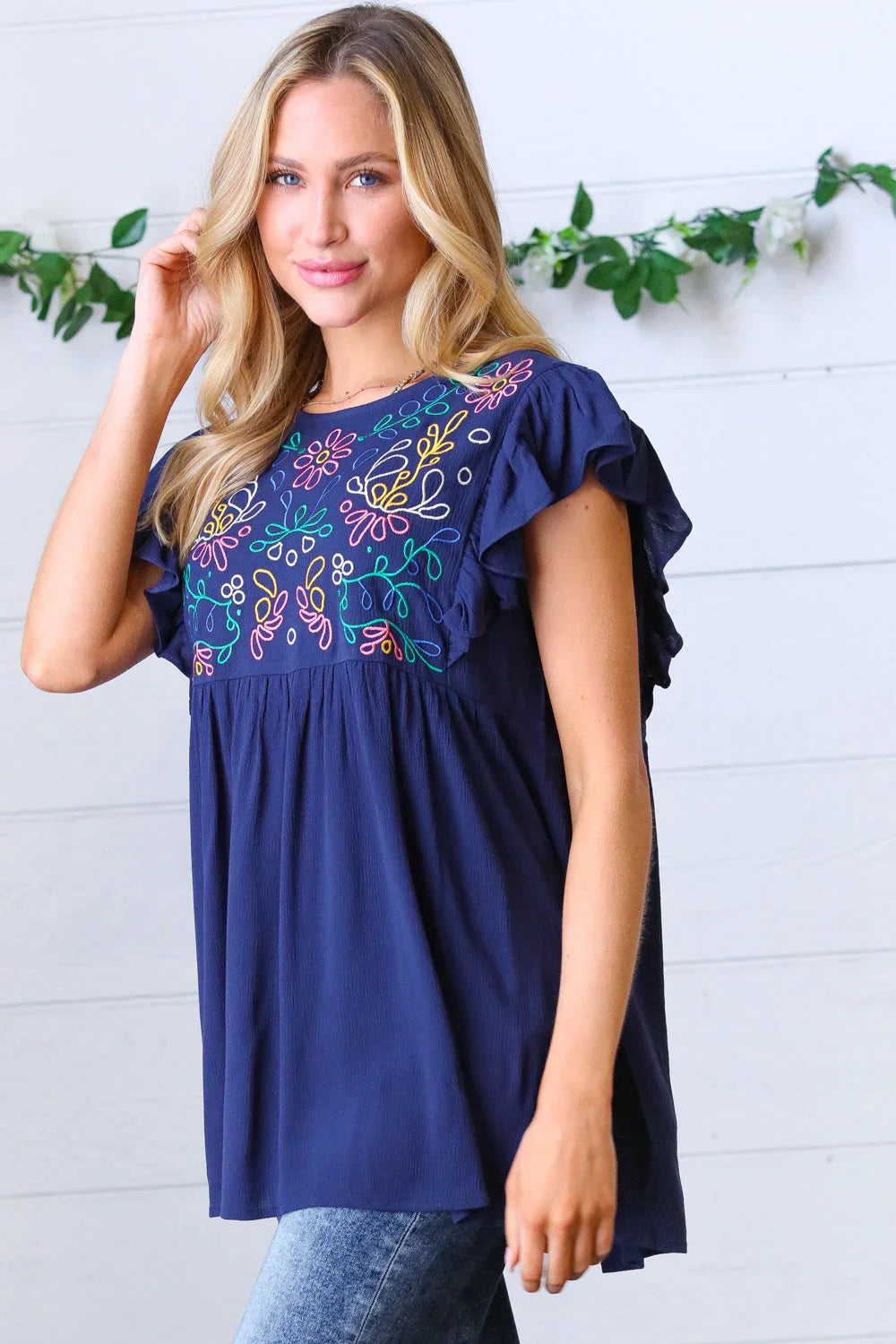 Navy Floral Embroidered Flutter Sleeve Top | Daverri Fashions
