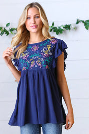 Navy Floral Embroidered Flutter Sleeve Top | Daverri Fashions