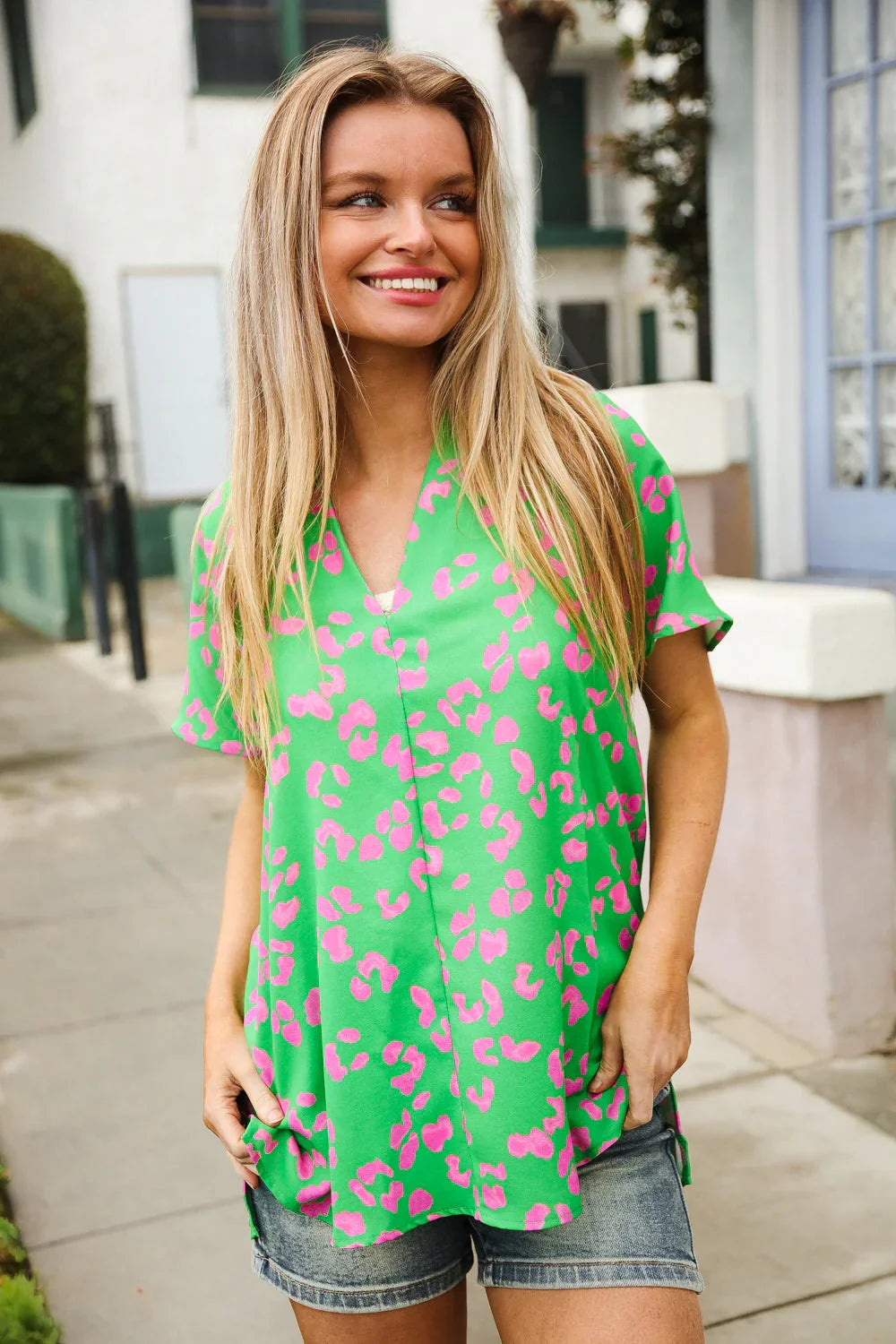 Follow Me Green Animal Print V Neck Short Sleeve Blouse | Daverri Fashions
