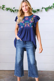 Navy Floral Embroidered Flutter Sleeve Top | Daverri Fashions