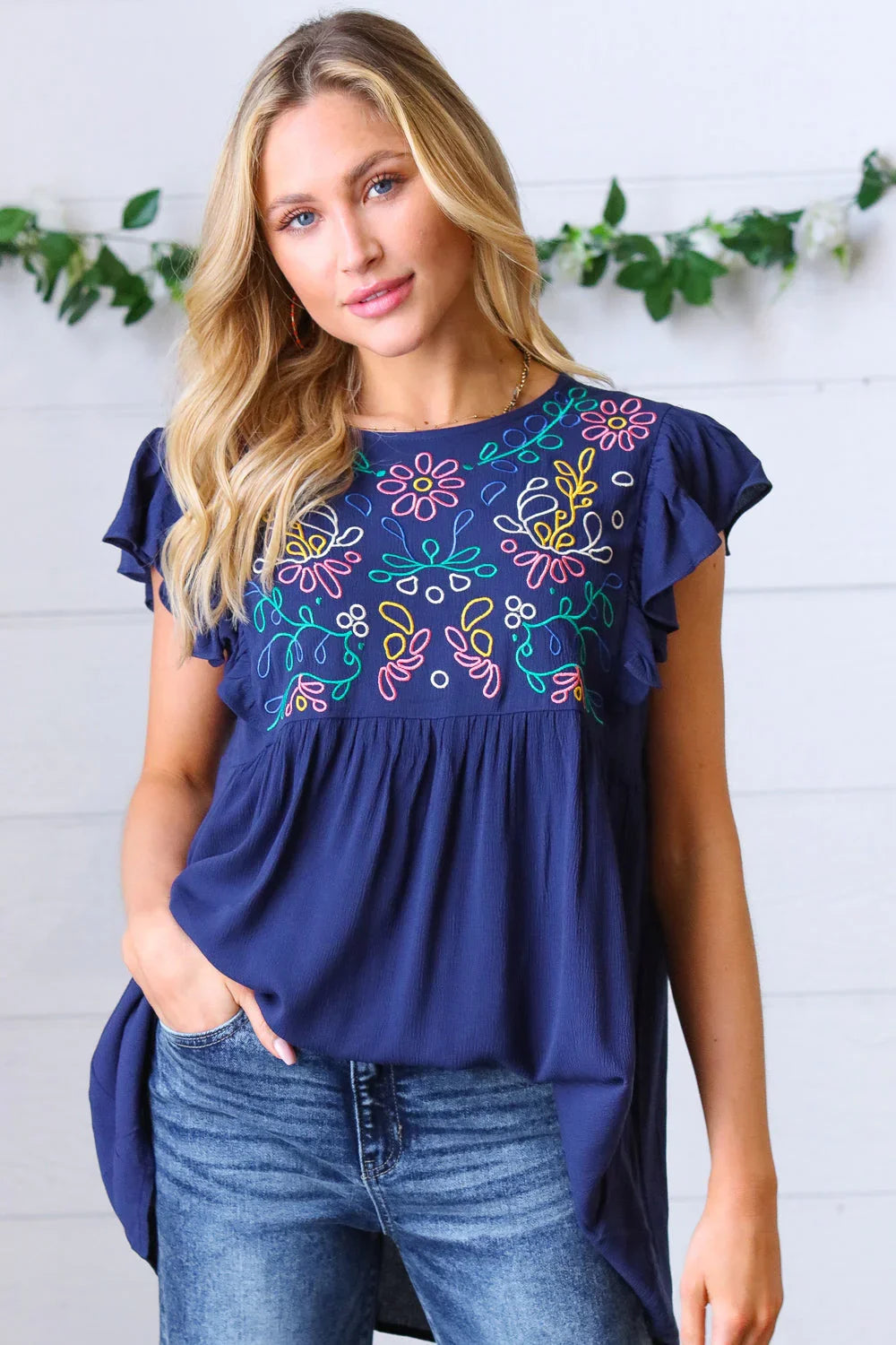 Navy Floral Embroidered Flutter Sleeve Top | Daverri Fashions