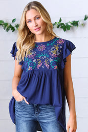 Navy Floral Embroidered Flutter Sleeve Top | Daverri Fashions