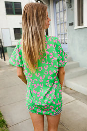 Follow Me Green Animal Print V Neck Short Sleeve Blouse | Daverri Fashions