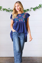 Navy Floral Embroidered Flutter Sleeve Top | Daverri Fashions