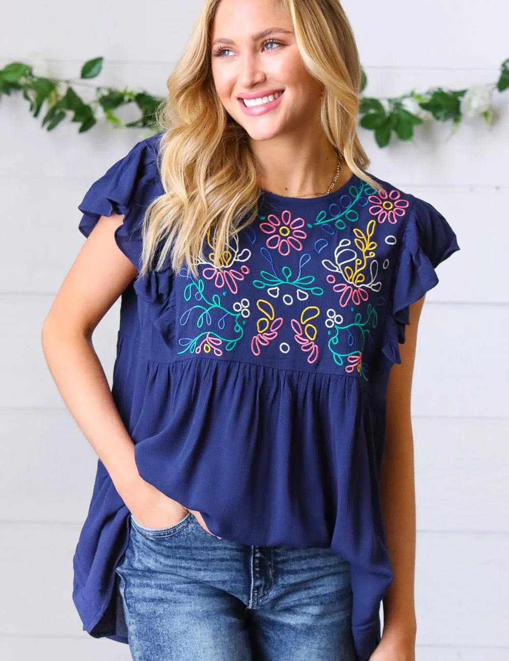 Navy Floral Embroidered Flutter Sleeve Top | Daverri Fashions