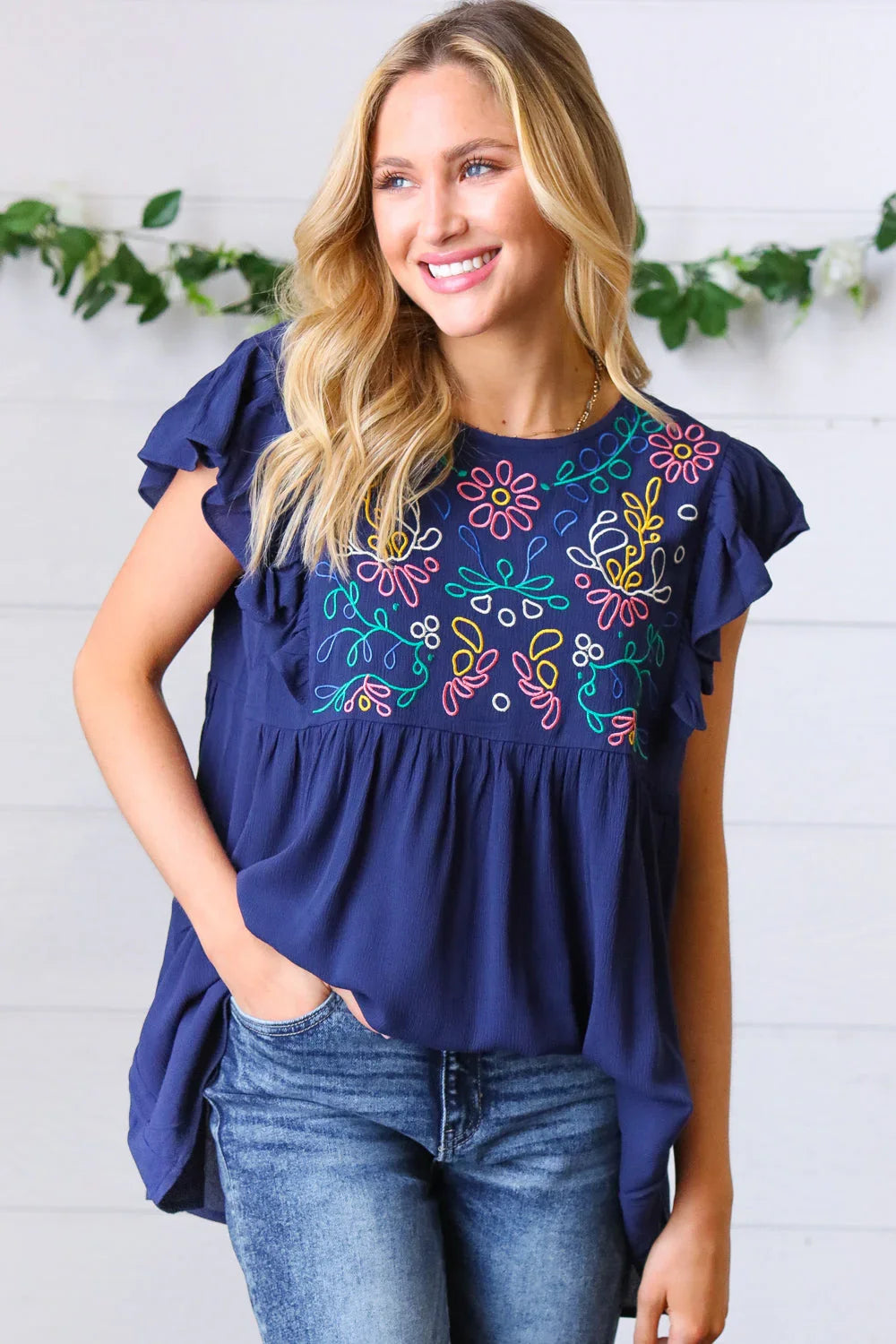 Navy Floral Embroidered Flutter Sleeve Top | Daverri Fashions
