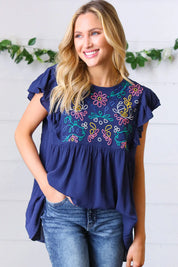 Navy Floral Embroidered Flutter Sleeve Top | Daverri Fashions
