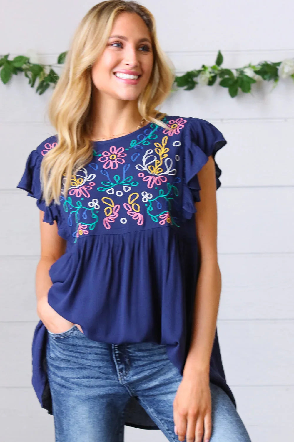 Navy Floral Embroidered Flutter Sleeve Top | Daverri Fashions