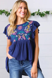 Navy Floral Embroidered Flutter Sleeve Top | Daverri Fashions