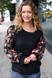 Diva Dreams Black Floral Sequin Mesh Sleeve Rib Knit Top | Daverri Fashions