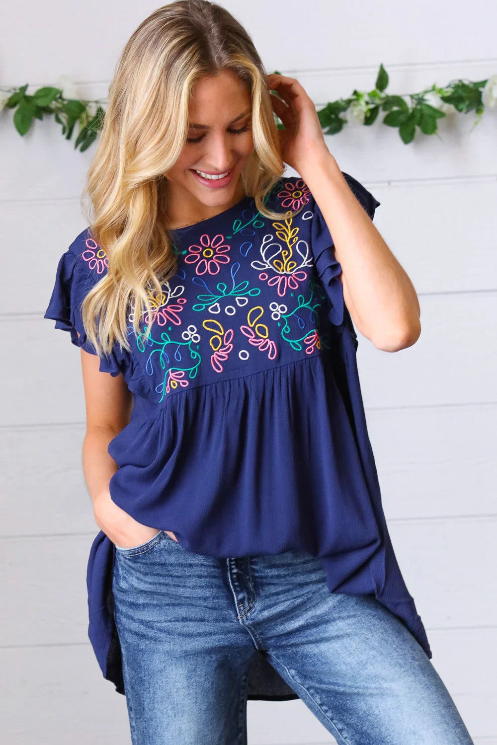 Navy Floral Embroidered Flutter Sleeve Top | Daverri Fashions