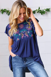 Navy Floral Embroidered Flutter Sleeve Top | Daverri Fashions