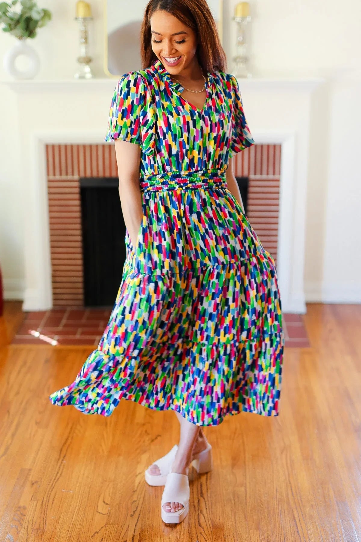 All For You Navy Multicolor Abstract Print Smocked Waist Maxi Dress | Daverri Fashions