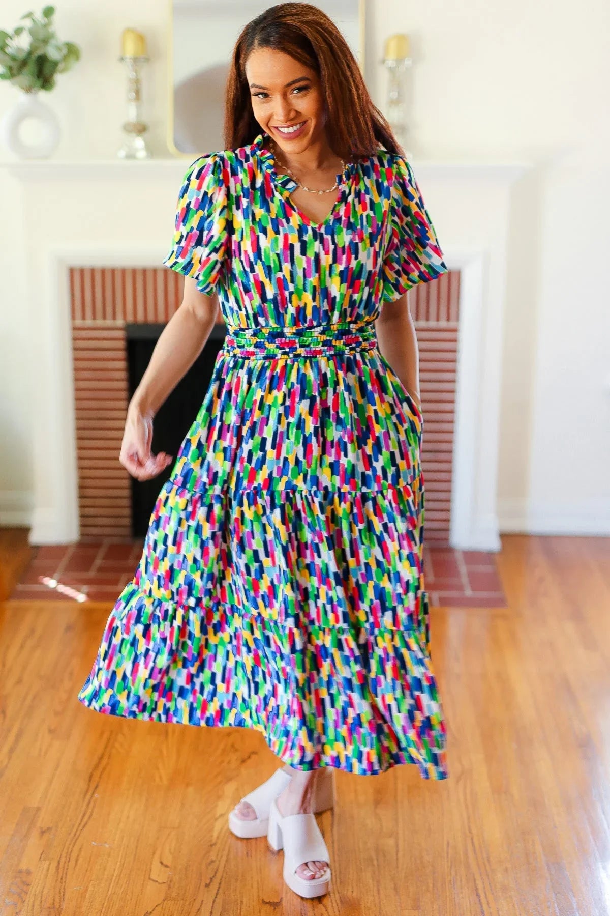All For You Navy Multicolor Abstract Print Smocked Waist Maxi Dress | Daverri Fashions
