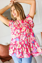 Fuchsia Floral Yoke Flutter Sleeve Back Neck Button Top | Daverri Fashions