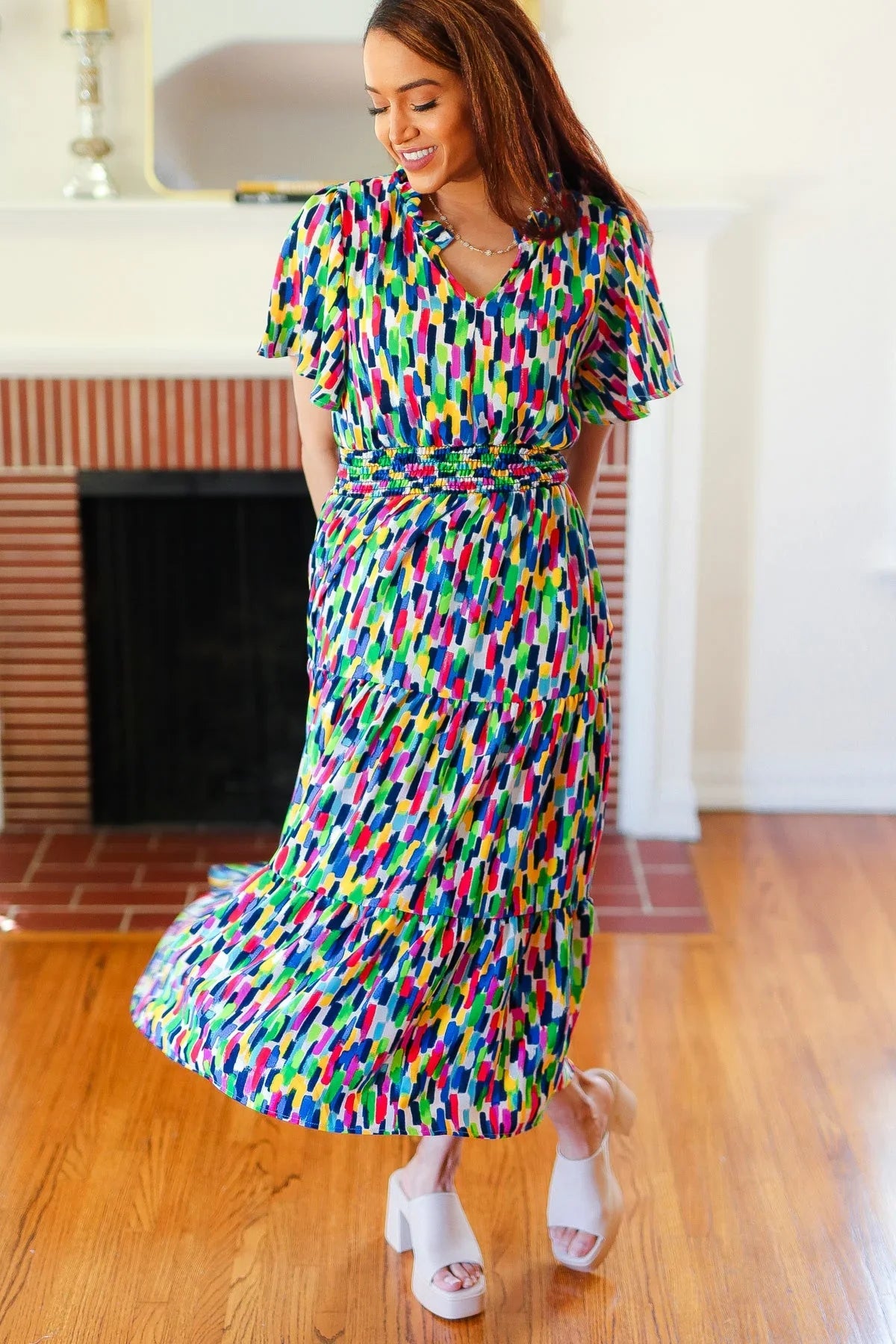 All For You Navy Multicolor Abstract Print Smocked Waist Maxi Dress | Daverri Fashions