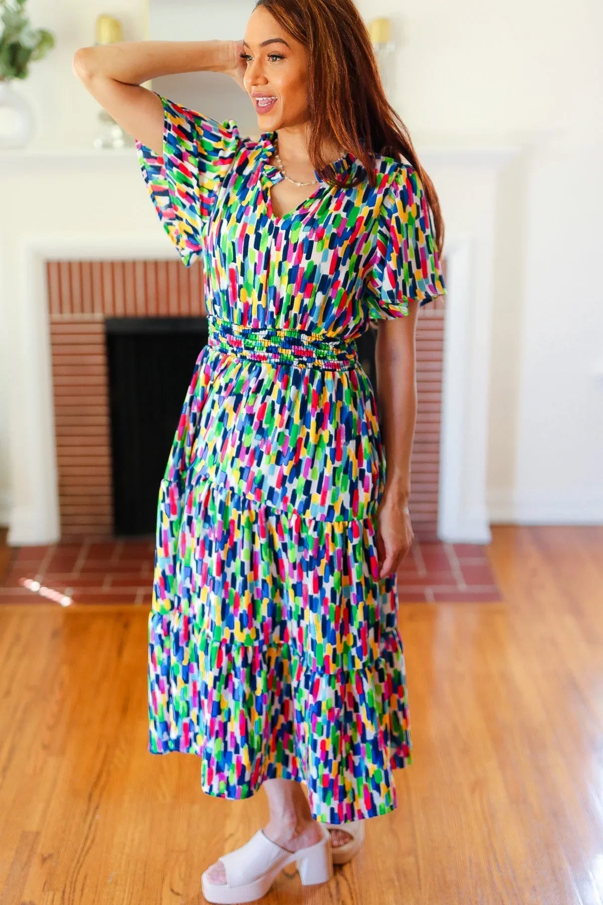 All For You Navy Multicolor Abstract Print Smocked Waist Maxi Dress | Daverri Fashions