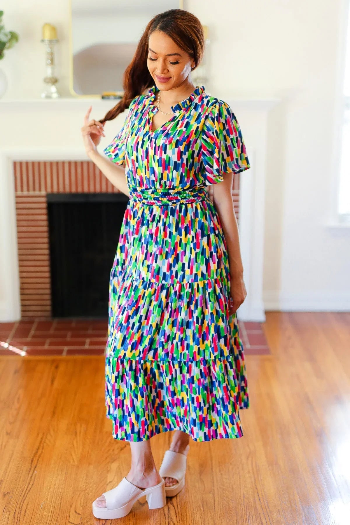 All For You Navy Multicolor Abstract Print Smocked Waist Maxi Dress | Daverri Fashions