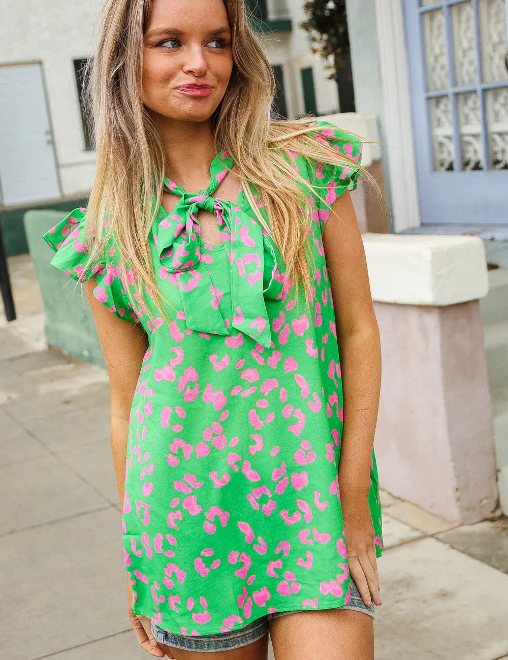 Be Bold Green Animal Print Bow Tie Flutter Sleeve Top | 07-01-25 Summer Sale Daverri Fashions