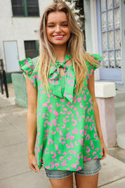 Be Bold Green Animal Print Bow Tie Flutter Sleeve Top | 07-01-25 Summer Sale Daverri Fashions