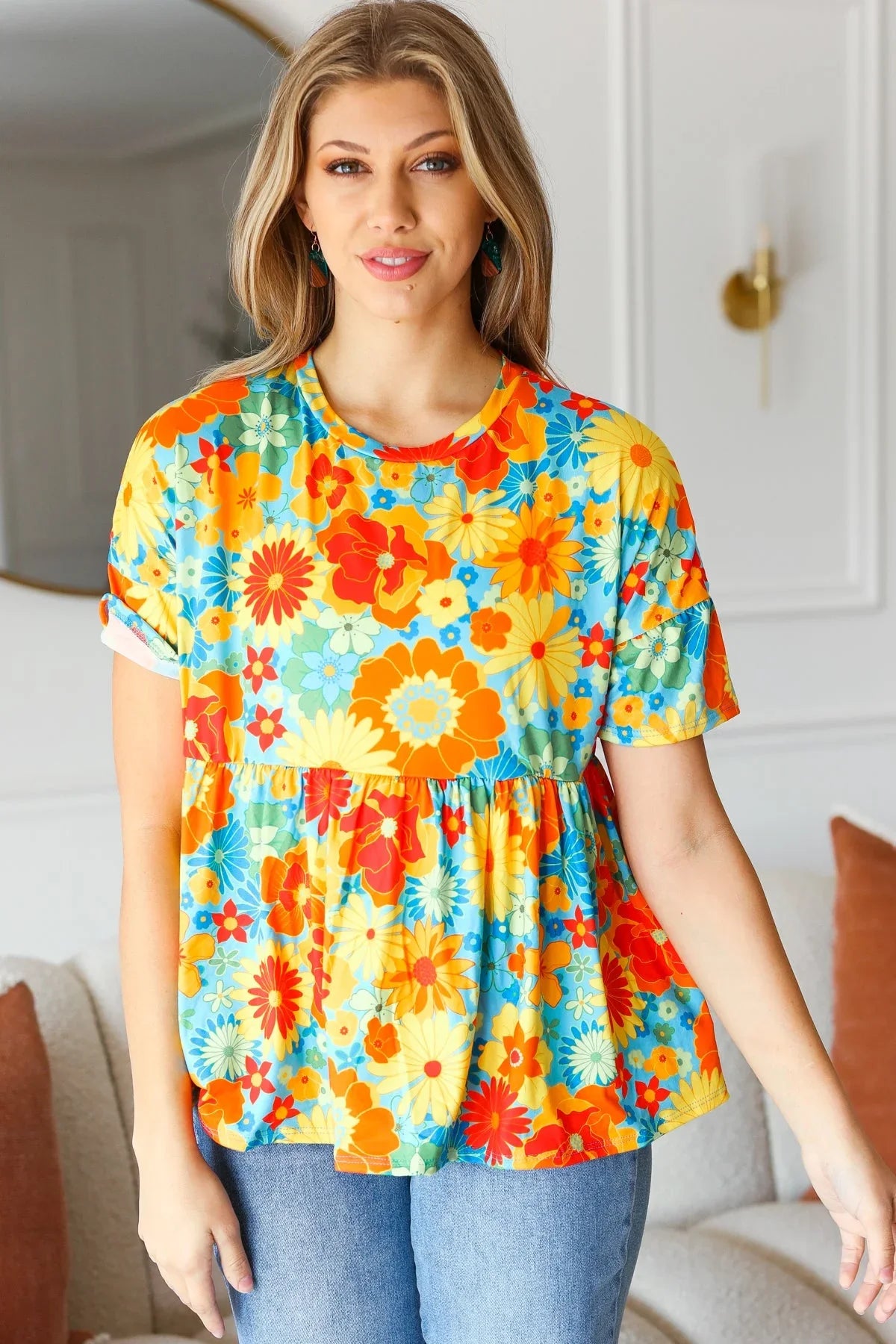 Sunflower& Red Retro Floral Swing Babydoll Top | 07-01-25 Summer Sale Daverri Fashions