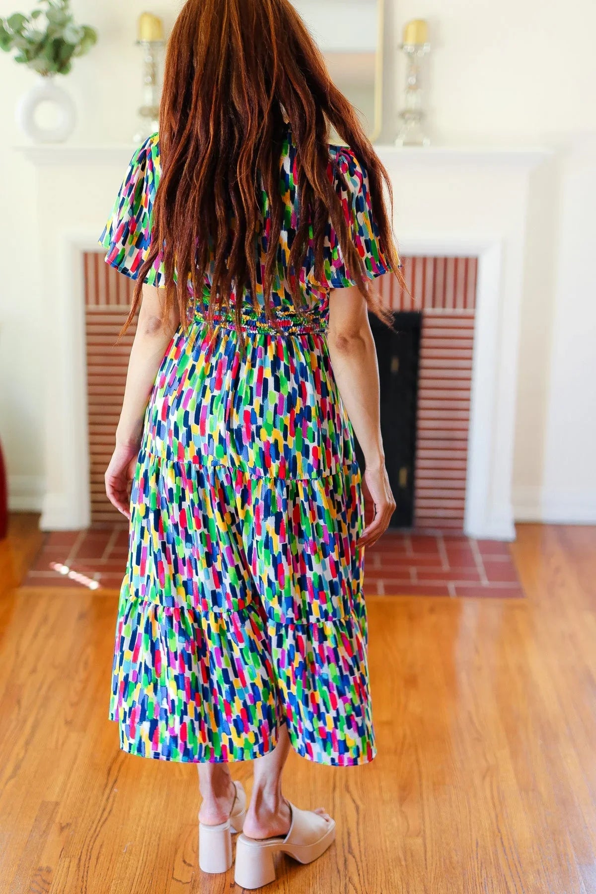All For You Navy Multicolor Abstract Print Smocked Waist Maxi Dress | Daverri Fashions