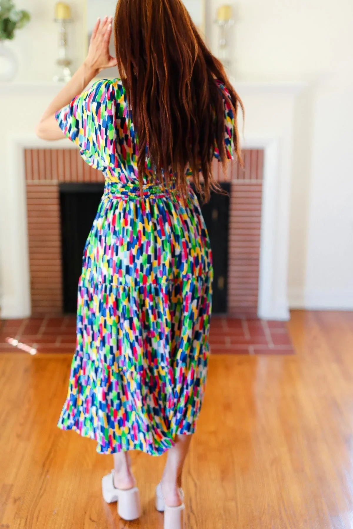 All For You Navy Multicolor Abstract Print Smocked Waist Maxi Dress | Daverri Fashions