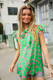 Be Bold Green Animal Print Bow Tie Flutter Sleeve Top | 07-01-25 Summer Sale Daverri Fashions