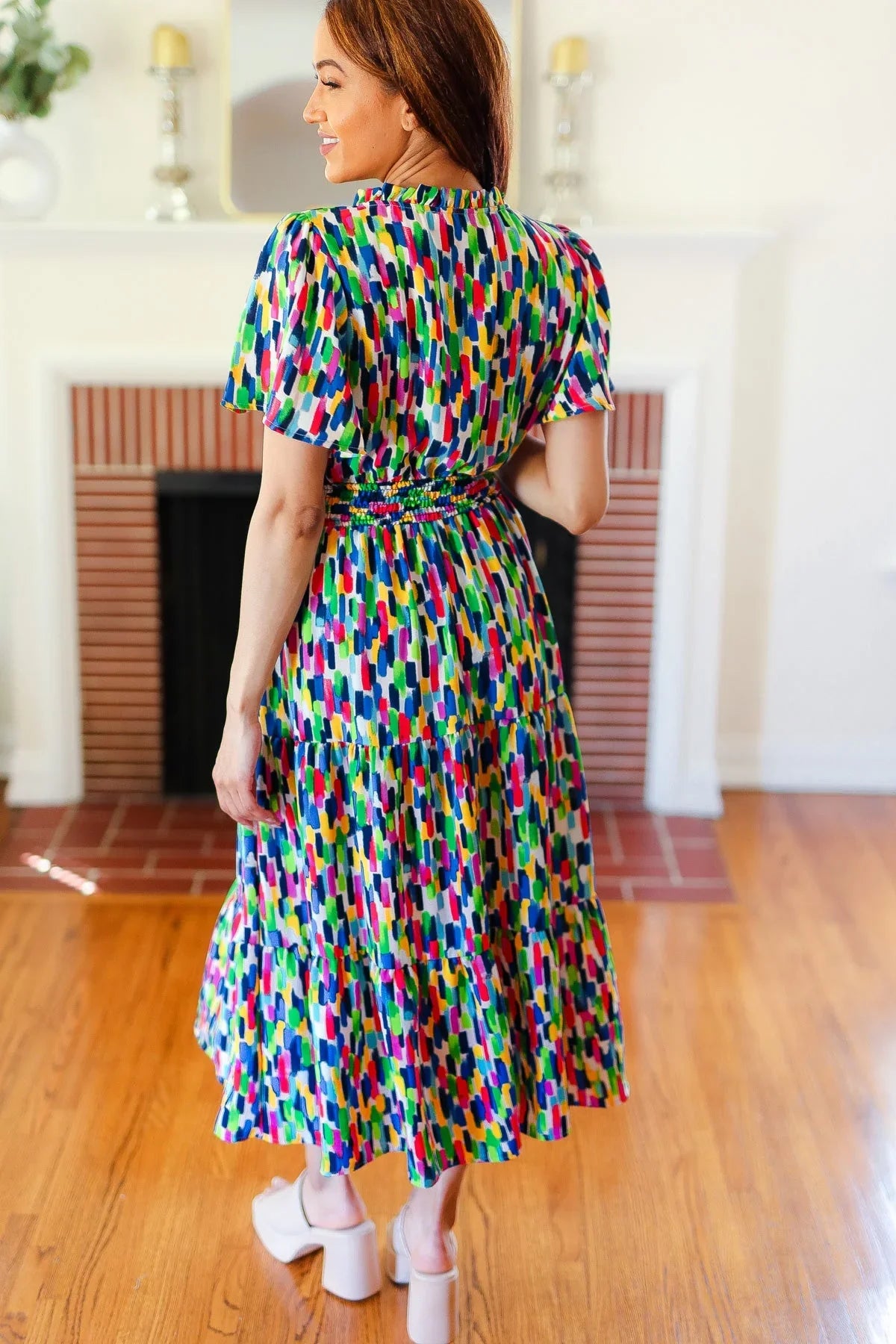 All For You Navy Multicolor Abstract Print Smocked Waist Maxi Dress | Daverri Fashions