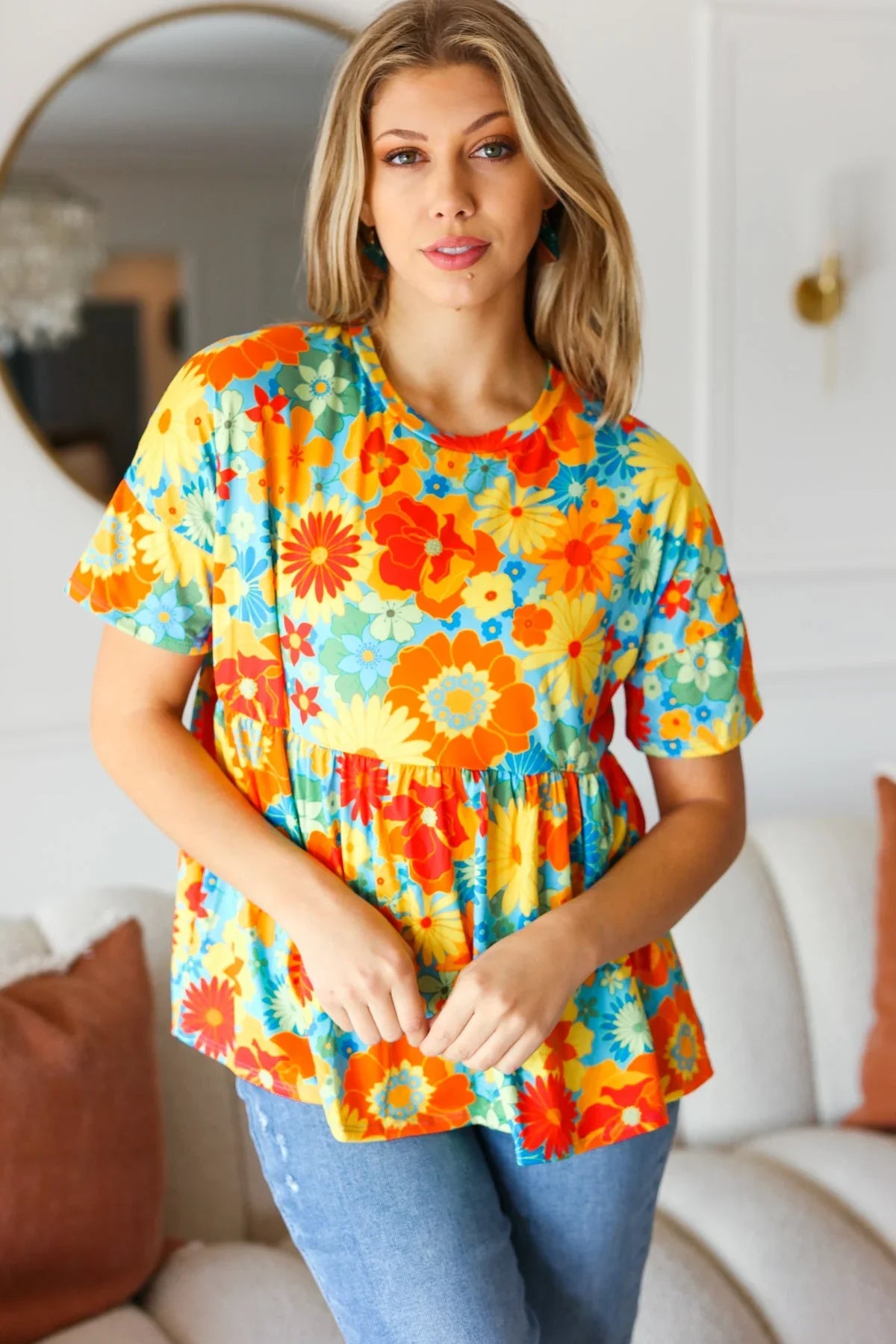 Sunflower& Red Retro Floral Swing Babydoll Top | 07-01-25 Summer Sale Daverri Fashions