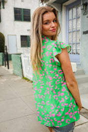 Be Bold Green Animal Print Bow Tie Flutter Sleeve Top | 07-01-25 Summer Sale Daverri Fashions