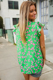 Be Bold Green Animal Print Bow Tie Flutter Sleeve Top | 07-01-25 Summer Sale Daverri Fashions