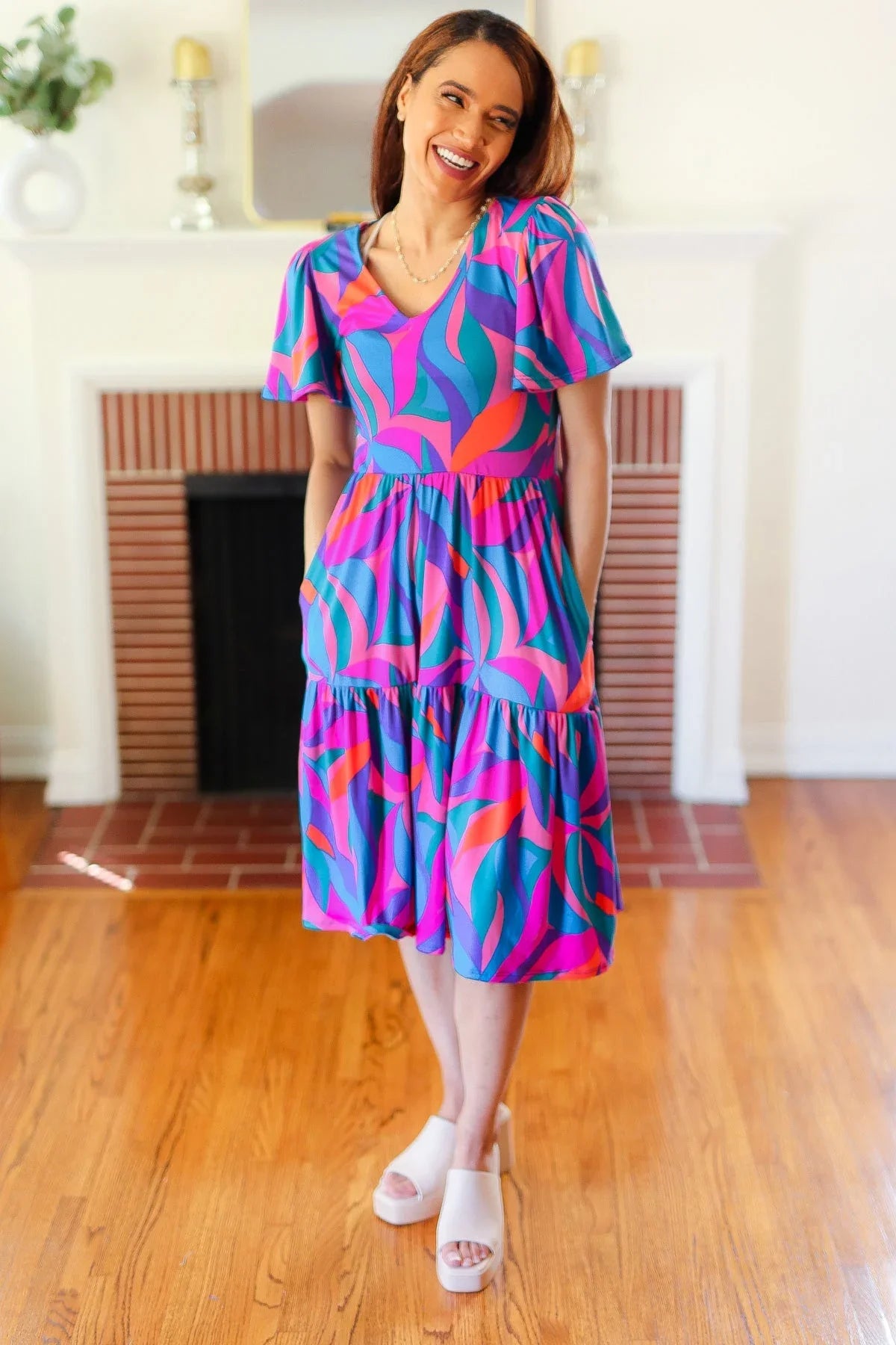 Remember Me Blue & Fuchsia Geo Print V Neck Dress | Daverri Fashions
