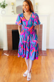 Remember Me Blue & Fuchsia Geo Print V Neck Dress | Daverri Fashions