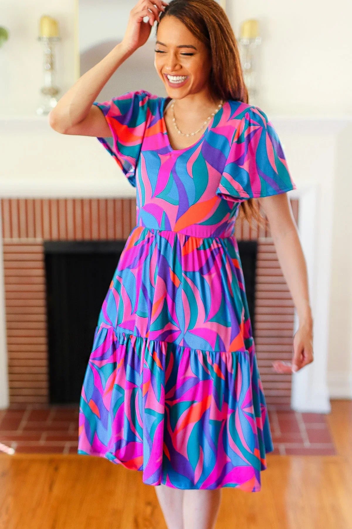 Remember Me Blue & Fuchsia Geo Print V Neck Dress | Daverri Fashions