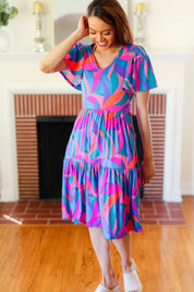 Remember Me Blue & Fuchsia Geo Print V Neck Dress | Daverri Fashions