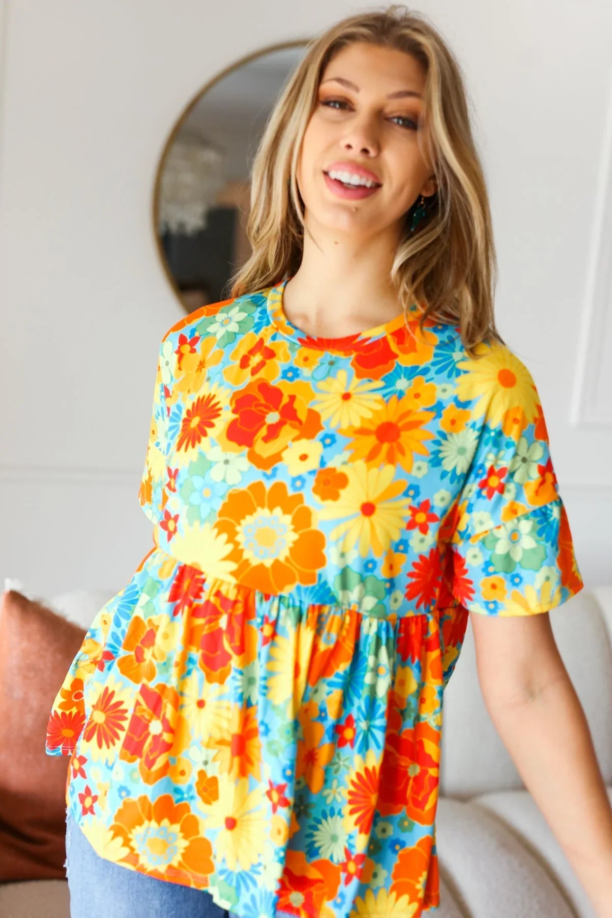 Sunflower& Red Retro Floral Swing Babydoll Top | 07-01-25 Summer Sale Daverri Fashions