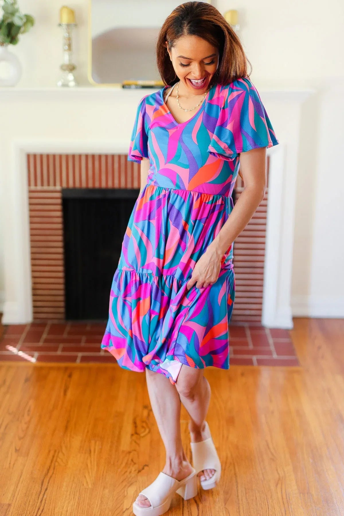 Remember Me Blue & Fuchsia Geo Print V Neck Dress | Daverri Fashions