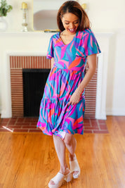 Remember Me Blue & Fuchsia Geo Print V Neck Dress | Daverri Fashions