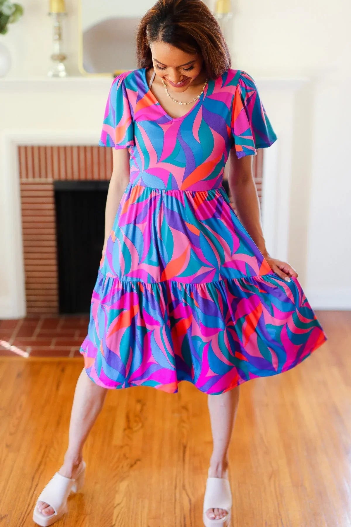 Remember Me Blue & Fuchsia Geo Print V Neck Dress | Daverri Fashions
