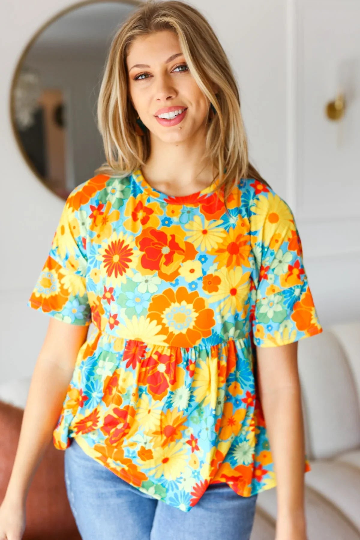 Sunflower& Red Retro Floral Swing Babydoll Top | 07-01-25 Summer Sale Daverri Fashions