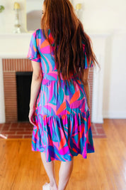 Remember Me Blue & Fuchsia Geo Print V Neck Dress | Daverri Fashions