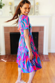 Remember Me Blue & Fuchsia Geo Print V Neck Dress | Daverri Fashions