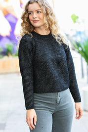 Black Mélange Round Neck Knit Sweater | Daverri Fashions