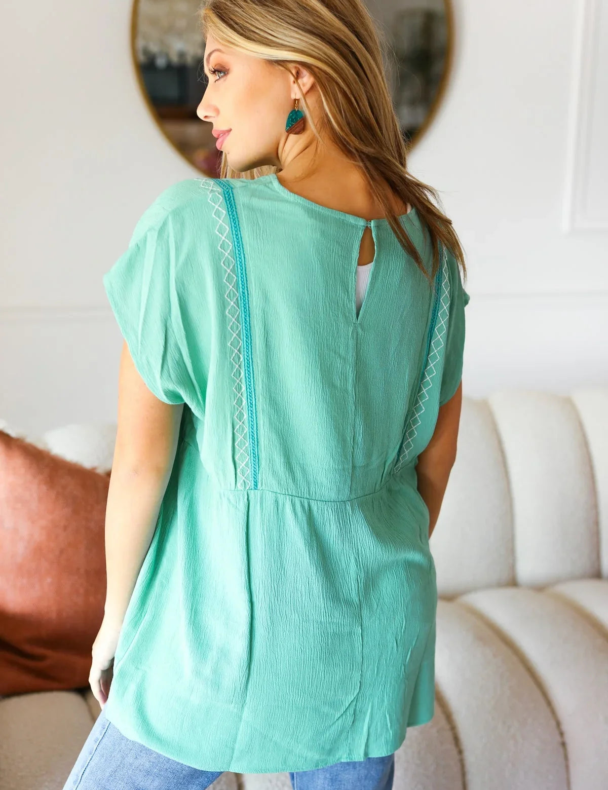 Mint Embroidered Woven Short Sleeve Dolman Top | 07-01-25 Summer Sale Daverri Fashions