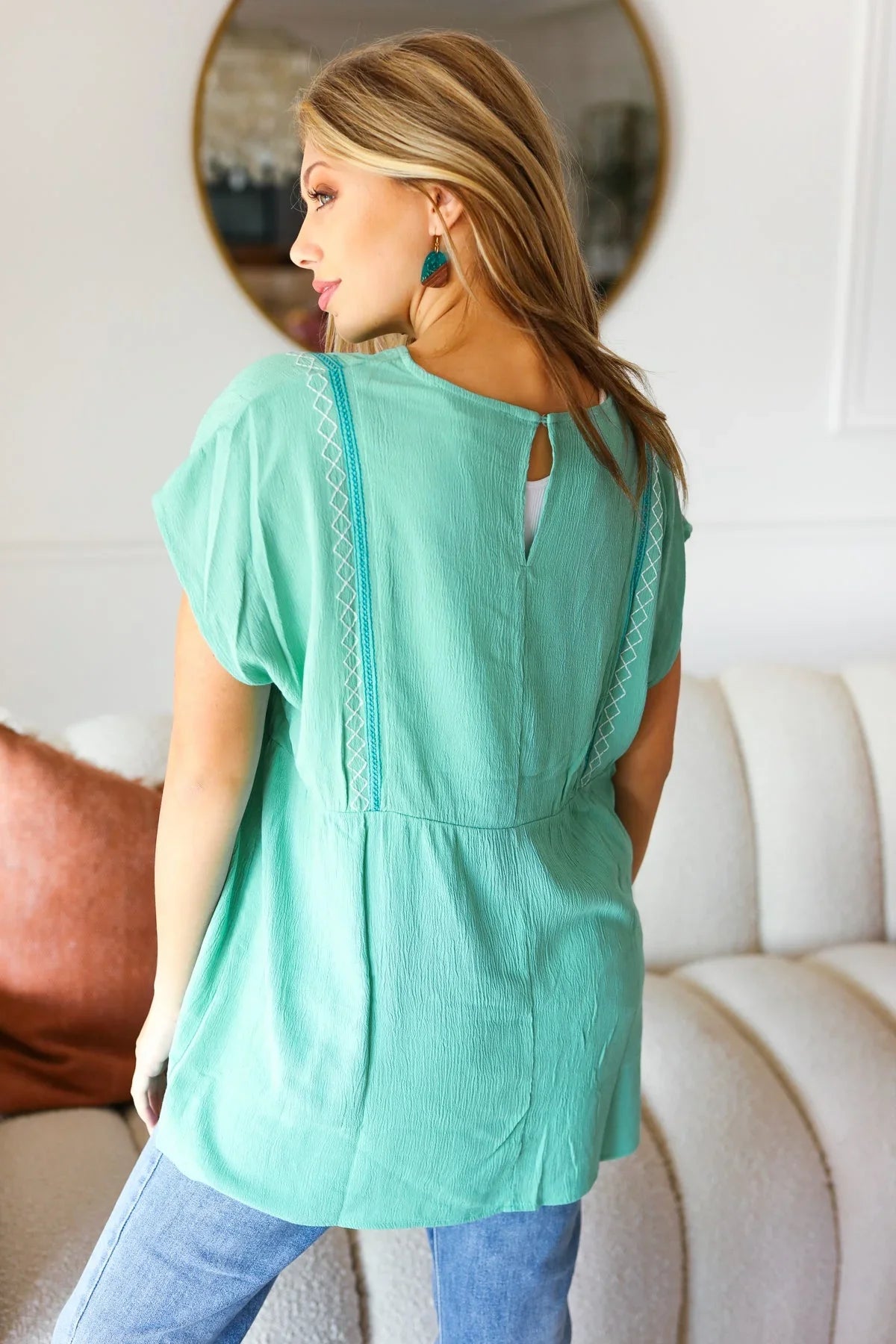 Mint Embroidered Woven Short Sleeve Dolman Top | 07-01-25 Summer Sale Daverri Fashions