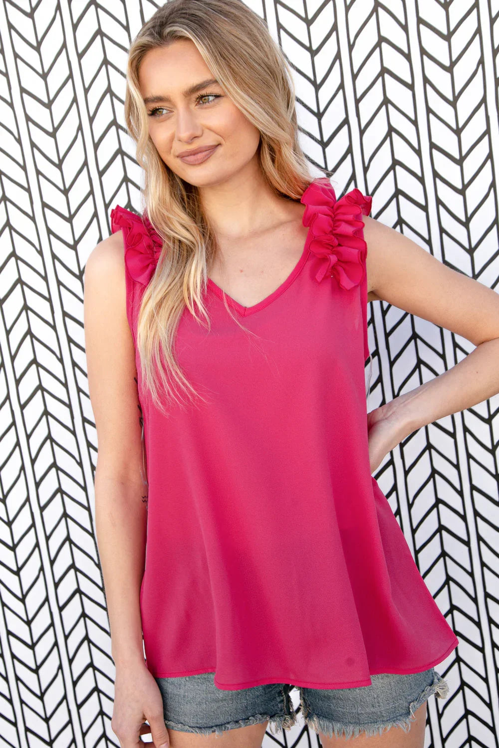Fuchsia Frill Shoulder Sleeveless Crepe Woven Top | Daverri Fashions